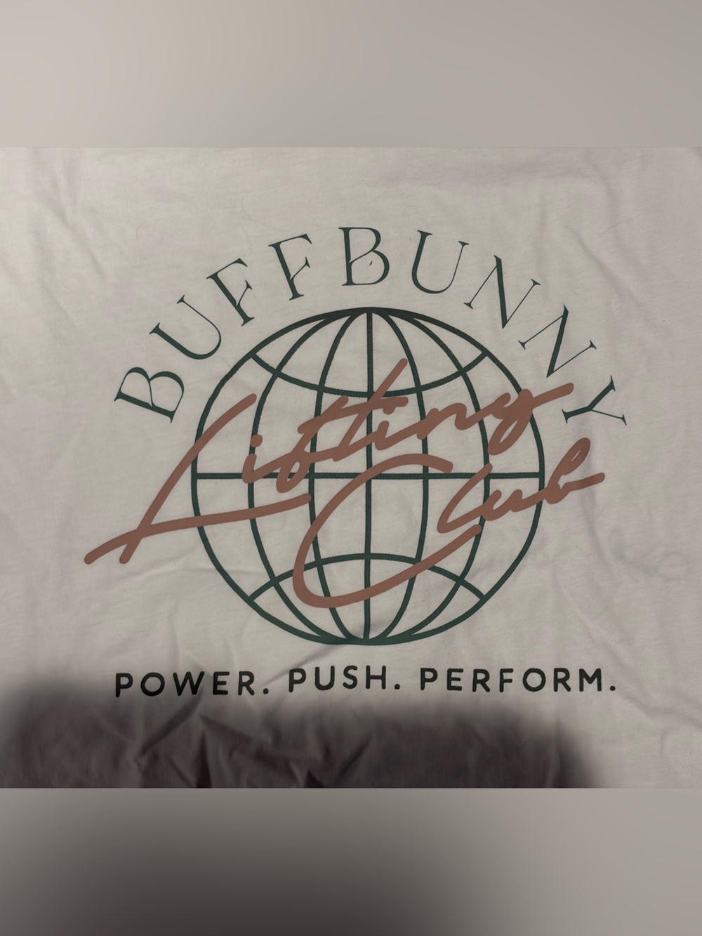 BuffBunny White Cropped Graphic Tee with Green and Tan Logo NWOT - Picture 2 of 4